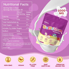 Close-up of JUYIHEAL raspberry colostrum gummies for easy daily use.