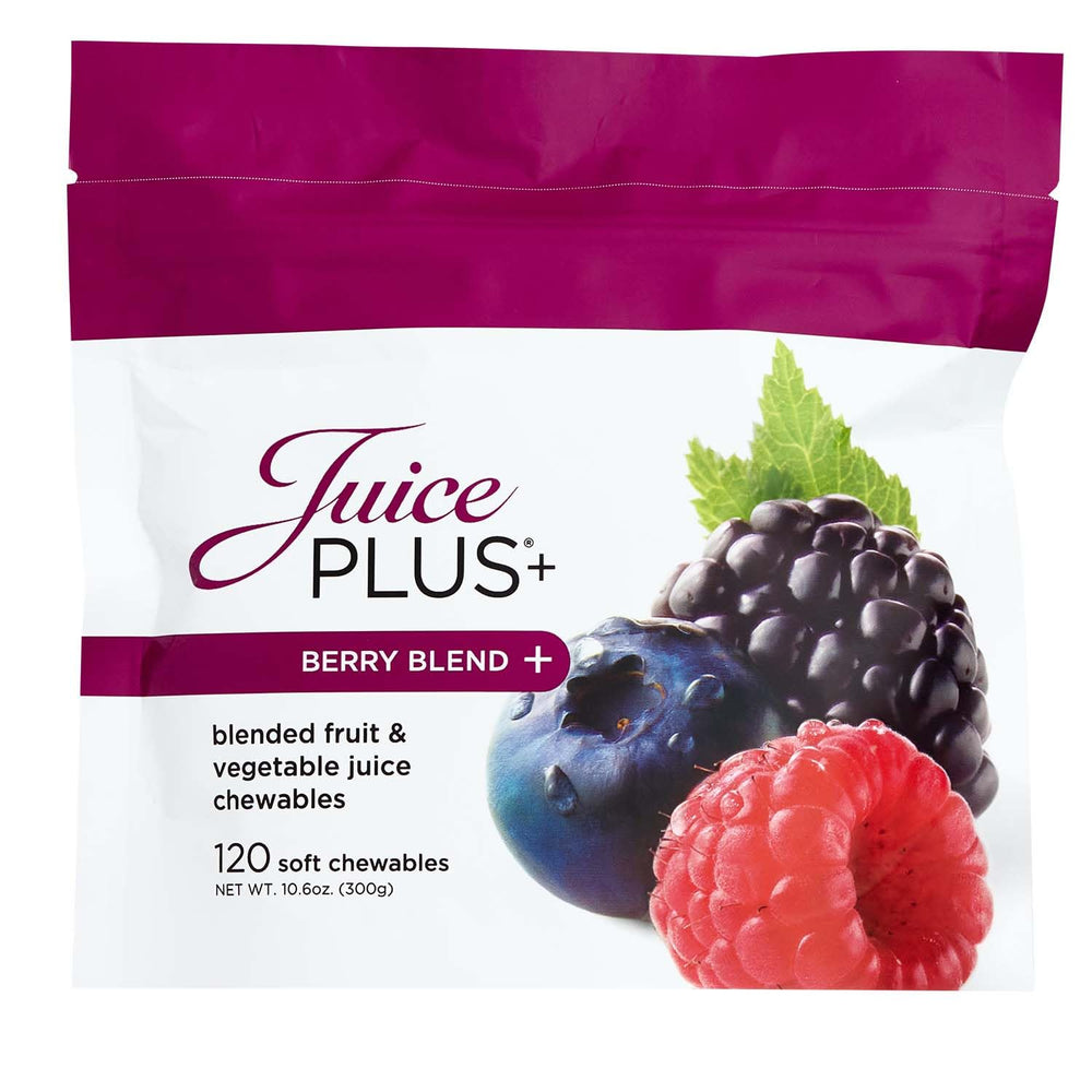 Juice Plus+ Berry Blend soft chews pack shot highlighting daily plant-based nutrition.