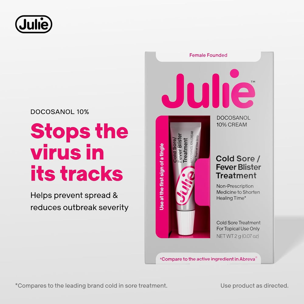 Julie Cold Sore Treatment compact tube with clear branding.