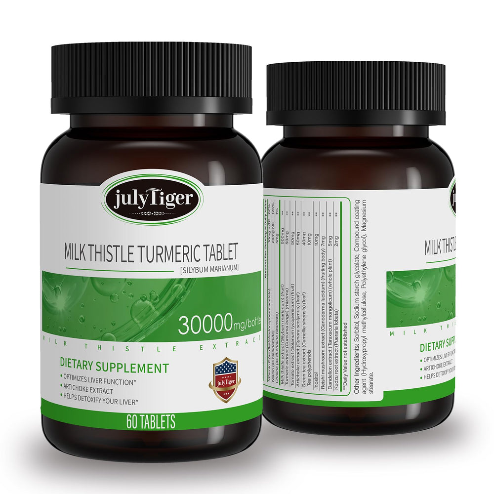julytiegr milk thistle bottle label showing liver detox blend for daily support