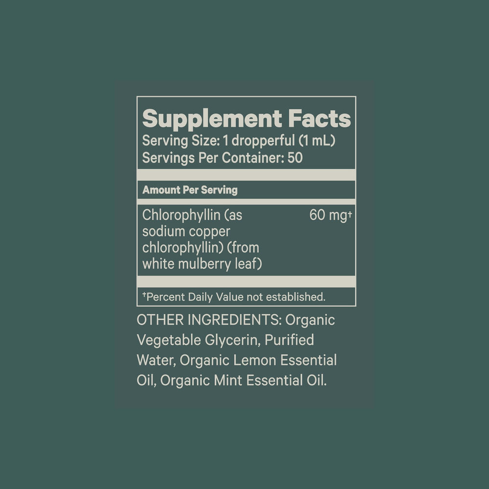 Label highlighting ingredients and quality for Juna Chlorophyll Drops.