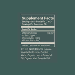 Label highlighting ingredients and quality for Juna Chlorophyll Drops.