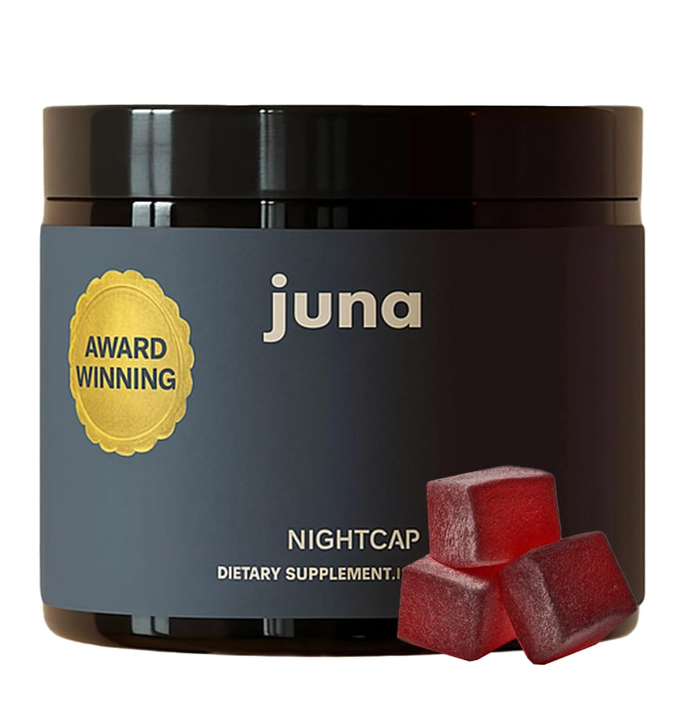 Juna Nightcap bottle close-up showing plant-based phytomelatonin for restful nights.