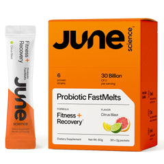 June Science Fitness + Recovery fast-melt sachet ready to dissolve for workouts.