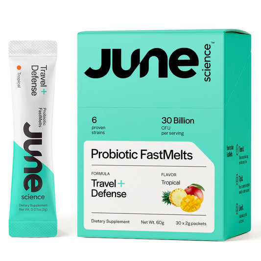 June Science Travel + Defense tropical sachets on-pack for travel-friendly probiotic support