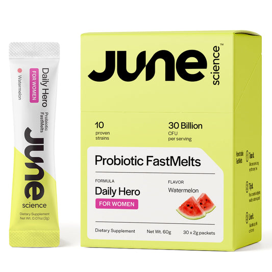 June Science Daily Hero bottle showing convenient daily probiotic support for women.
