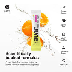 June Science Daily Hero label highlights 30B CFUs and 10 strains for gut support.