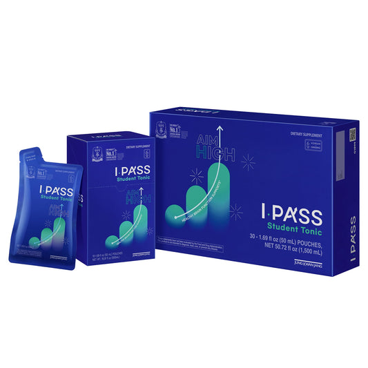 JUNG KWAN JANG iPass Student Tonic pouch front shows stimulant-free energy for study focus