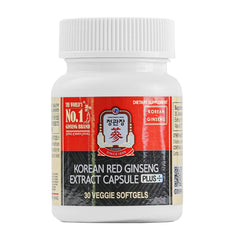 Jung Kwan Jang Korean Red Ginseng Extract Capsules Plus front bottle for daily energy support.