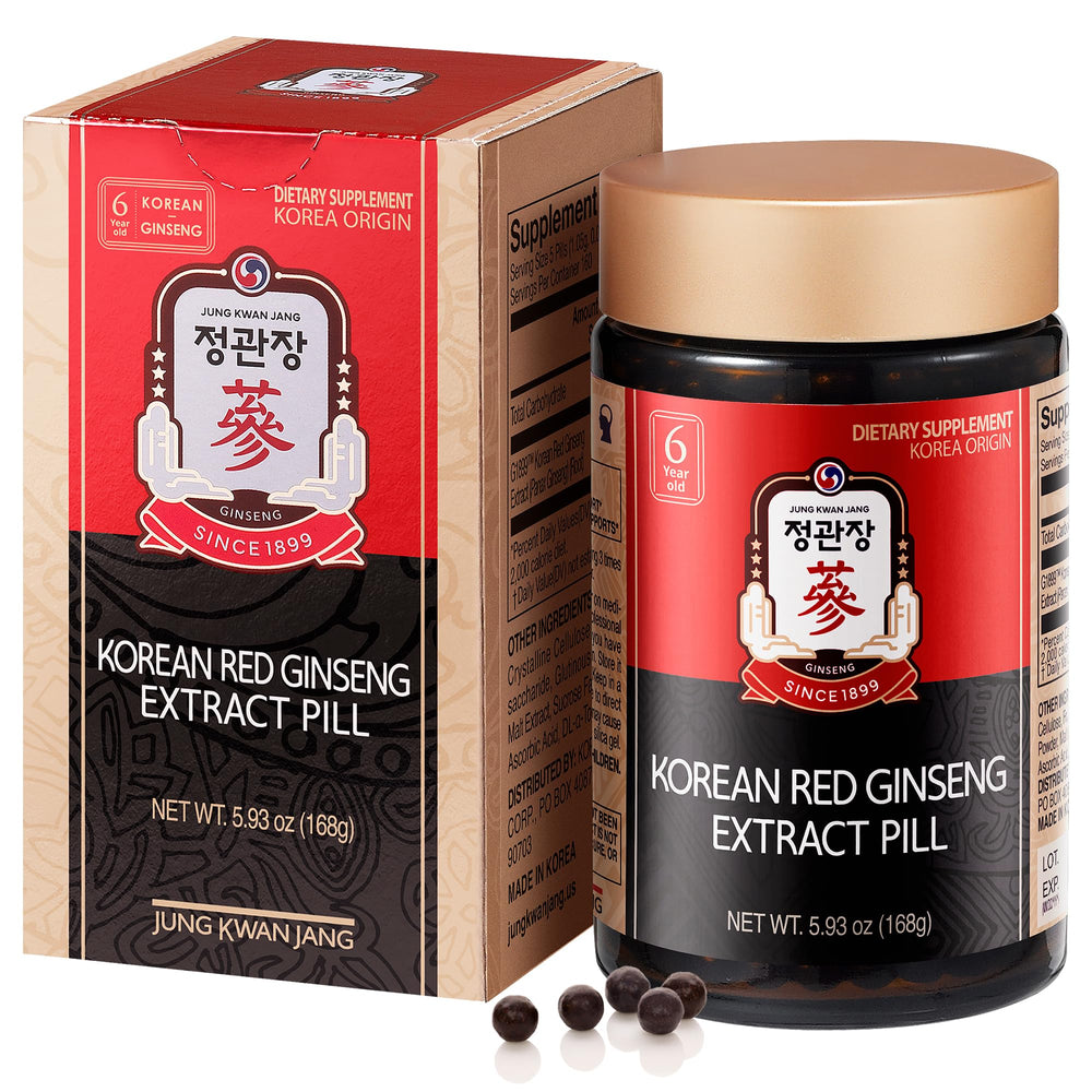 Jung Kwan Jang red Panax ginseng pill bottle for daily stamina.