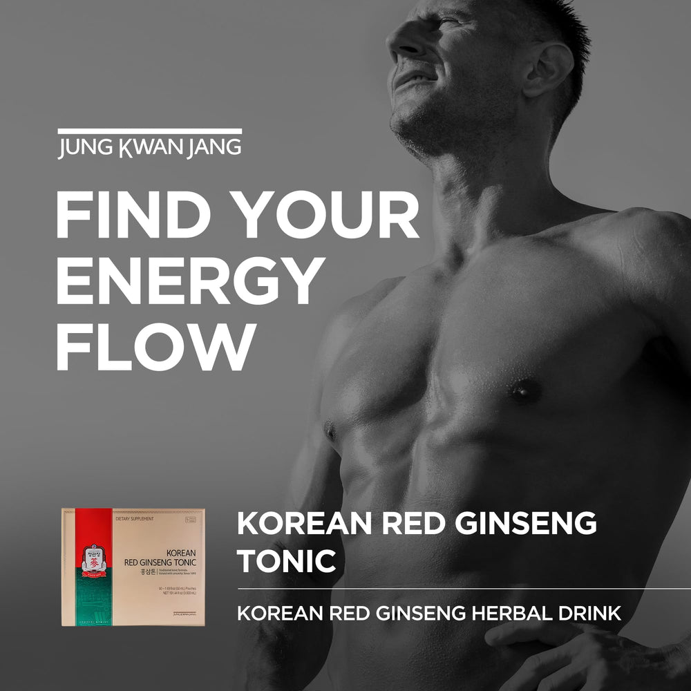 Jung Kwan Jang tonic pouch label closeup highlighting plant-based ingredients.
