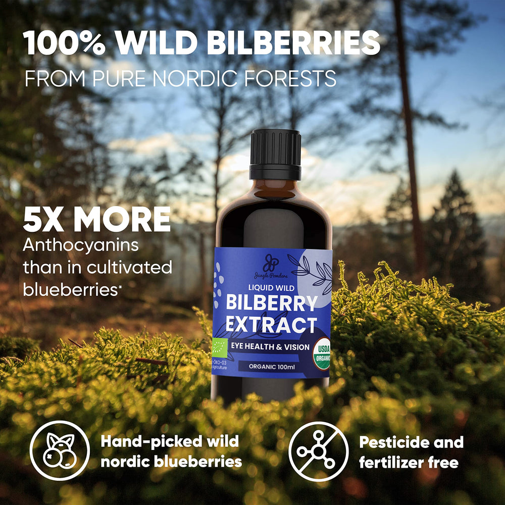 Pouring the bilberry liquid extract from a dropper into a glass.