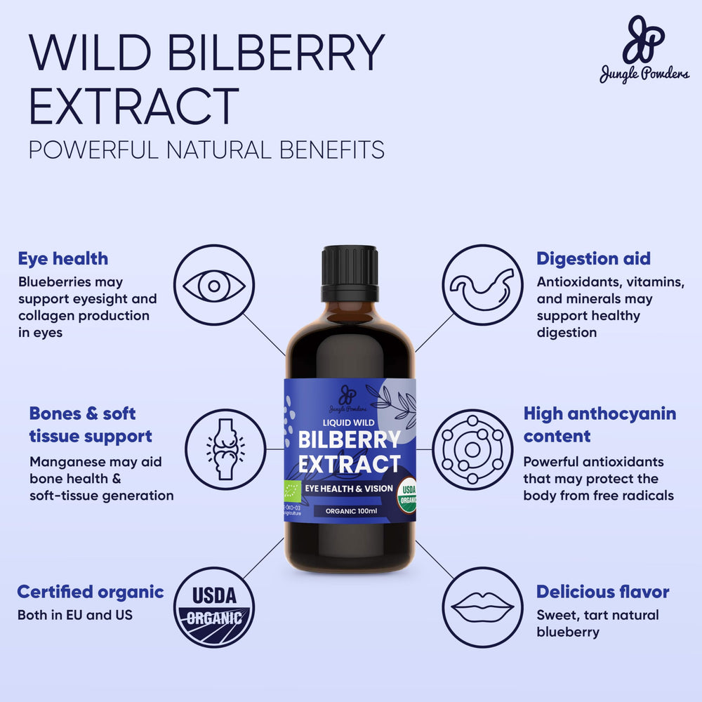 Jungle Powders Organic bilberries label emphasizes purity