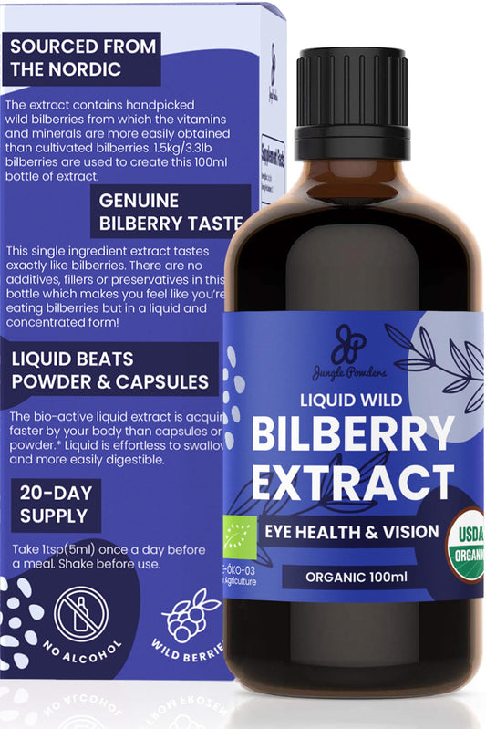 Jungle Powders Wild Bilberry Extract bottle for daily eye comfort and routine.