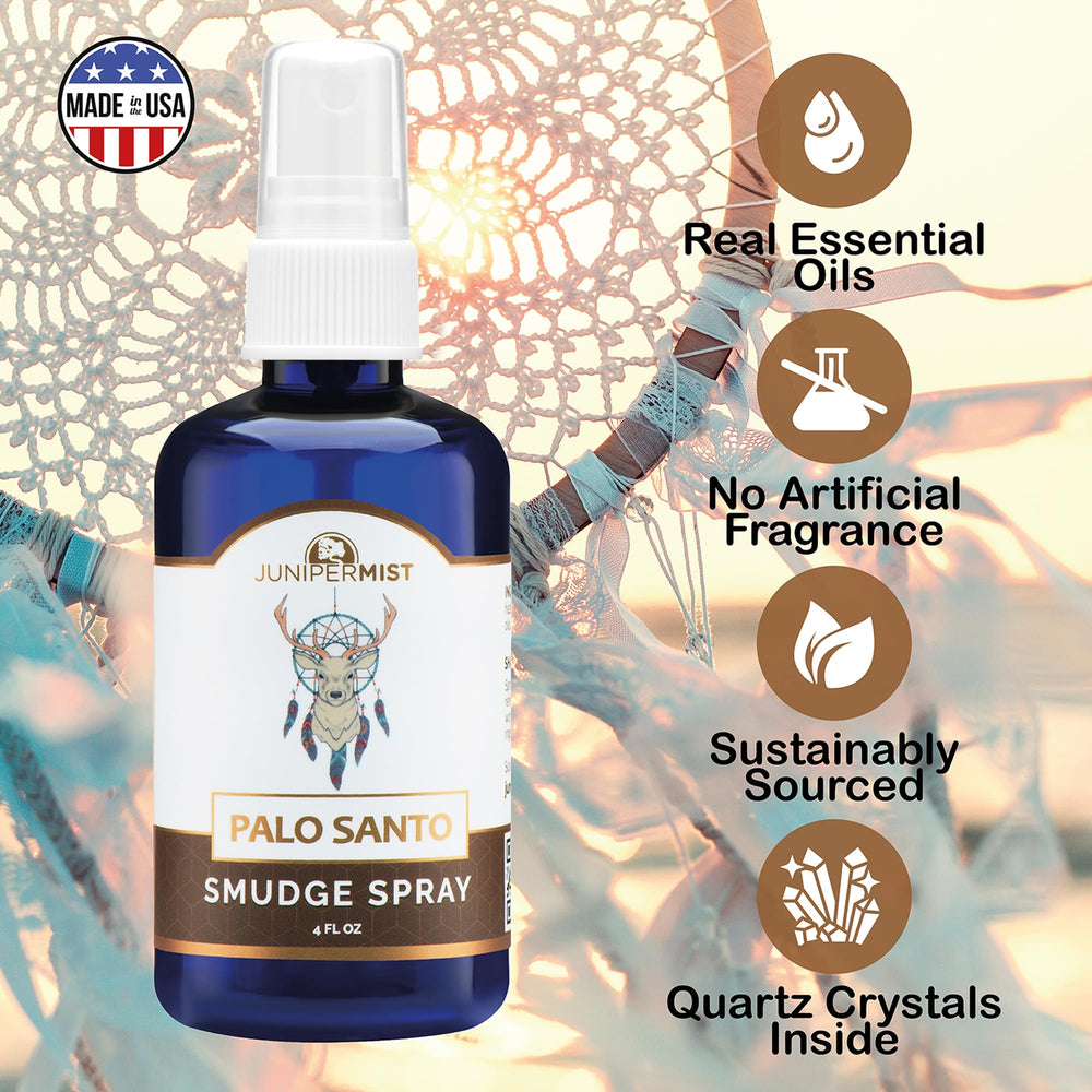 JuniperMist Palo Santo bottle highlights natural scent for energy cleansing