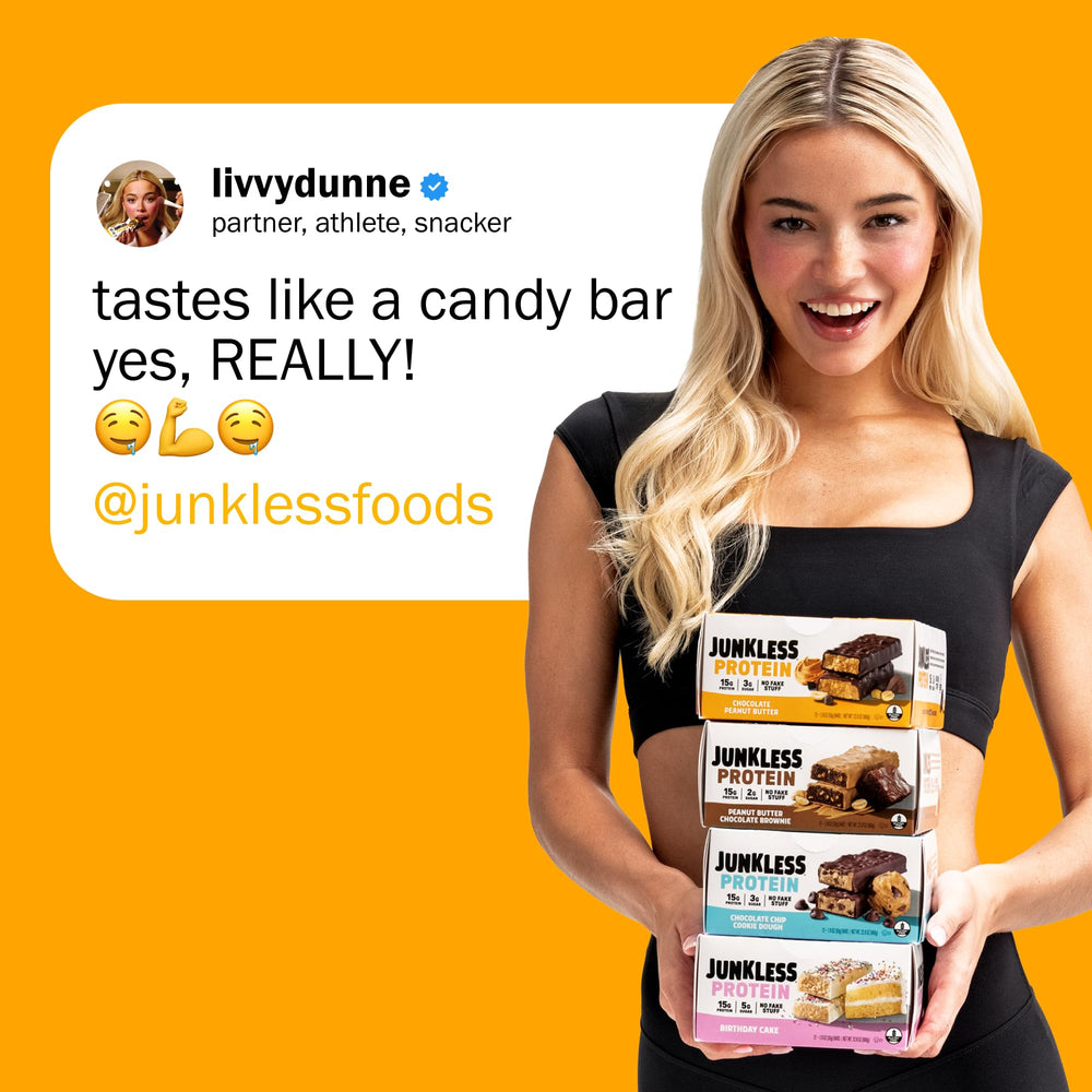 JUNKLESS bar texture close-up showing chewy crumb and satisfying bite.