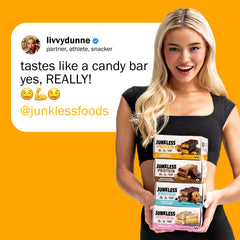 JUNKLESS bar texture close-up showing chewy crumb and satisfying bite.