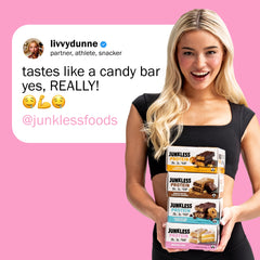 JUNKLESS Birthday Cake bar beside a gym bottle suggests on-the-go fueling after workouts.