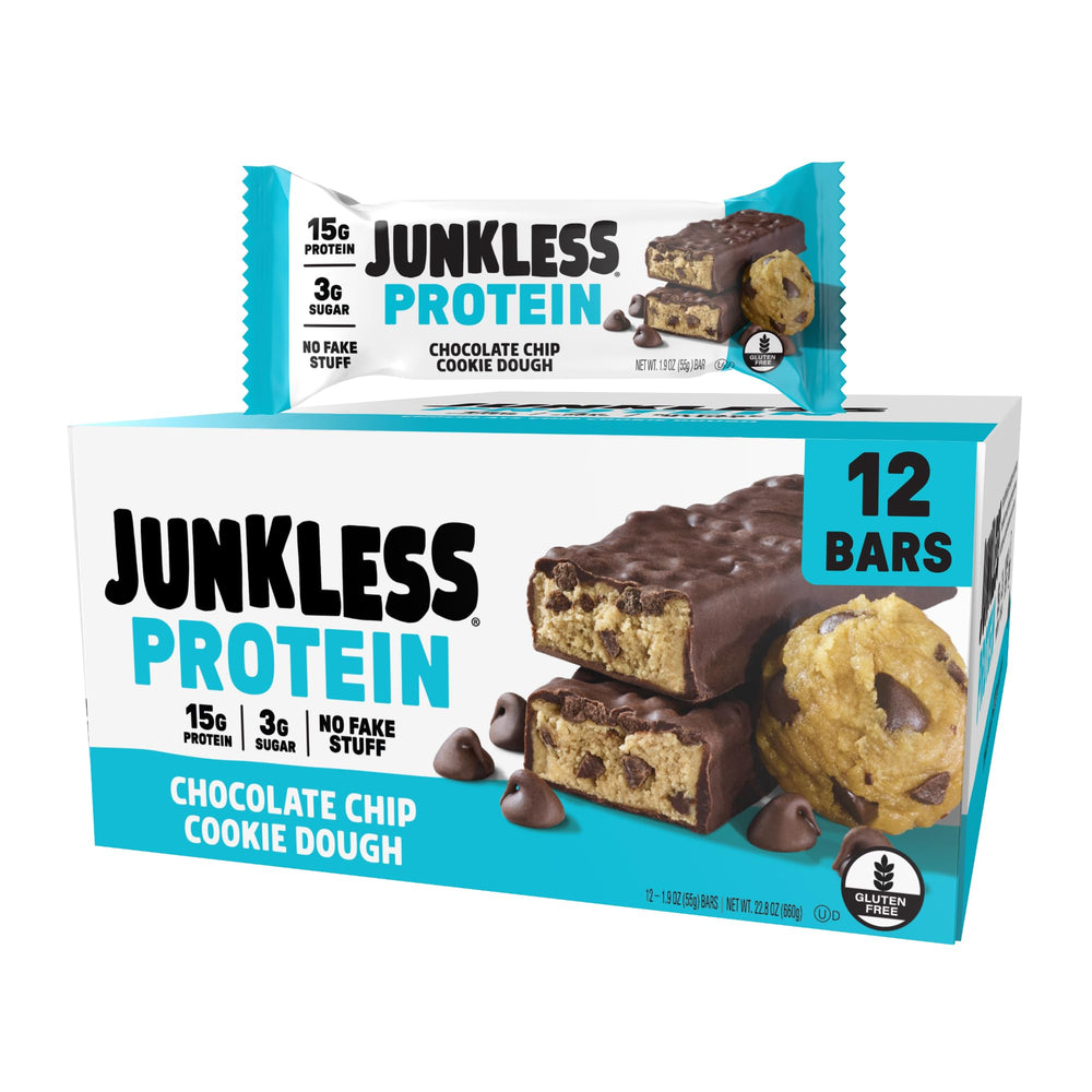 Junkless protein bar chocolate chip cookie dough close up showing chewy texture and chips for a tasty snack