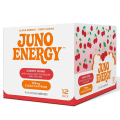 JUNO Energy Shot gluten-free vegan packaging display.