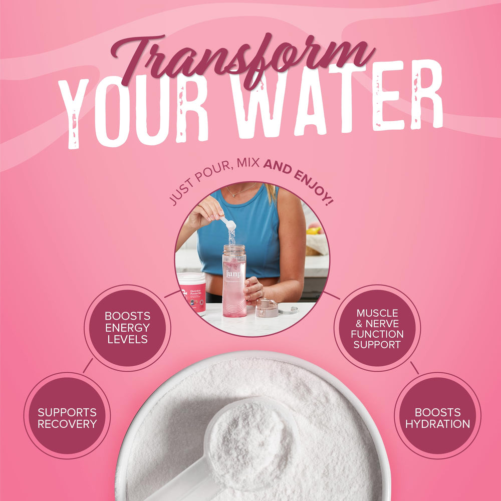 JUNP grape electrolyte powder in a glass of water for refreshing hydration