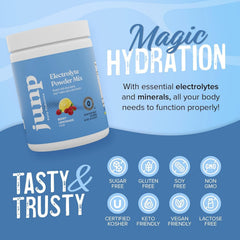 Label close-up on JUNP electrolyte powder showing ingredients