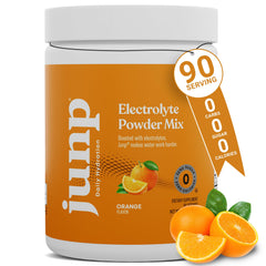 JUNP electrolytes powder orange tub shows zero calories and keto-friendly formula.