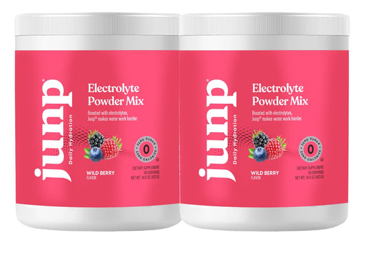 JUNP electrolytes powder bottle with wild berry flavor ready for hydration.