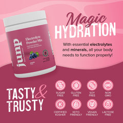 JUNP grape electrolytes packaging highlights ingredients and certifications.