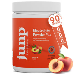 JUNP Peach electrolyte powder bottle for sugar-free hydration.