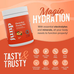 Kitchen setup with JUNP Peach electrolyte powder and measuring scoop for everyday hydration.