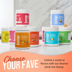 Outdoor hydration scene with JUNP Peach electrolyte powder mixed for on-the-go thirst.