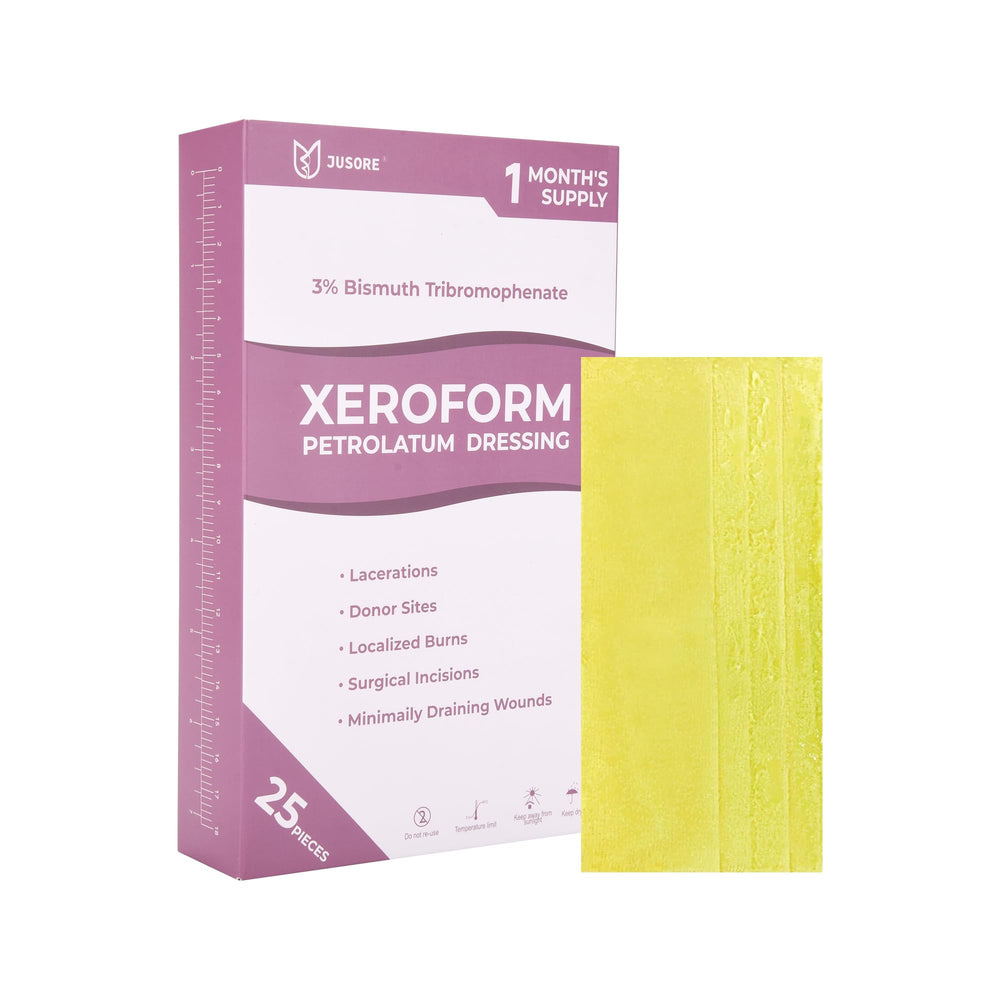 JUSORE Xeroform 25-pack sterile dressings for convenience.