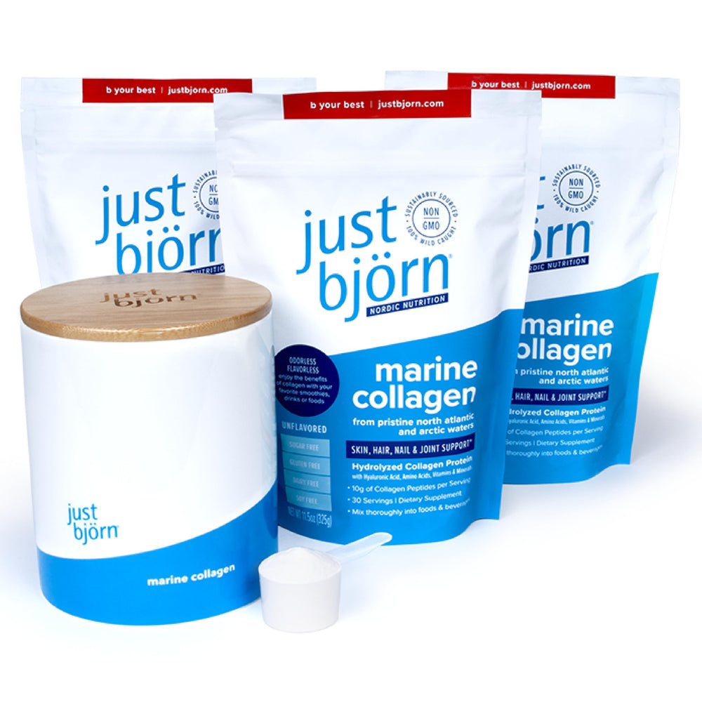Just Björn Marine Collagen Powder tub, unflavored and easy to mix into shakes for daily use.