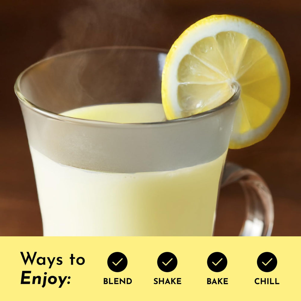 JUST INGREDIENTS Bone Broth Protein Lemon Cream stirred into water for smooth texture.