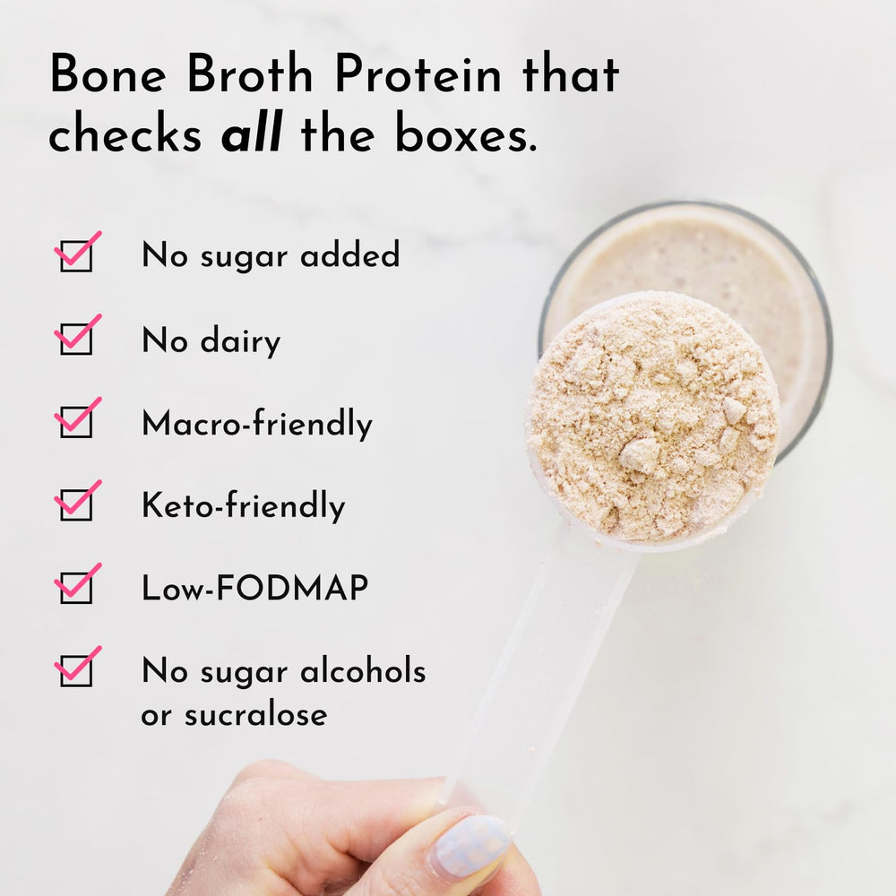 Just Ingredients bone broth protein powder vanilla bottle close-up highlights clean, dairy-free nourishment.