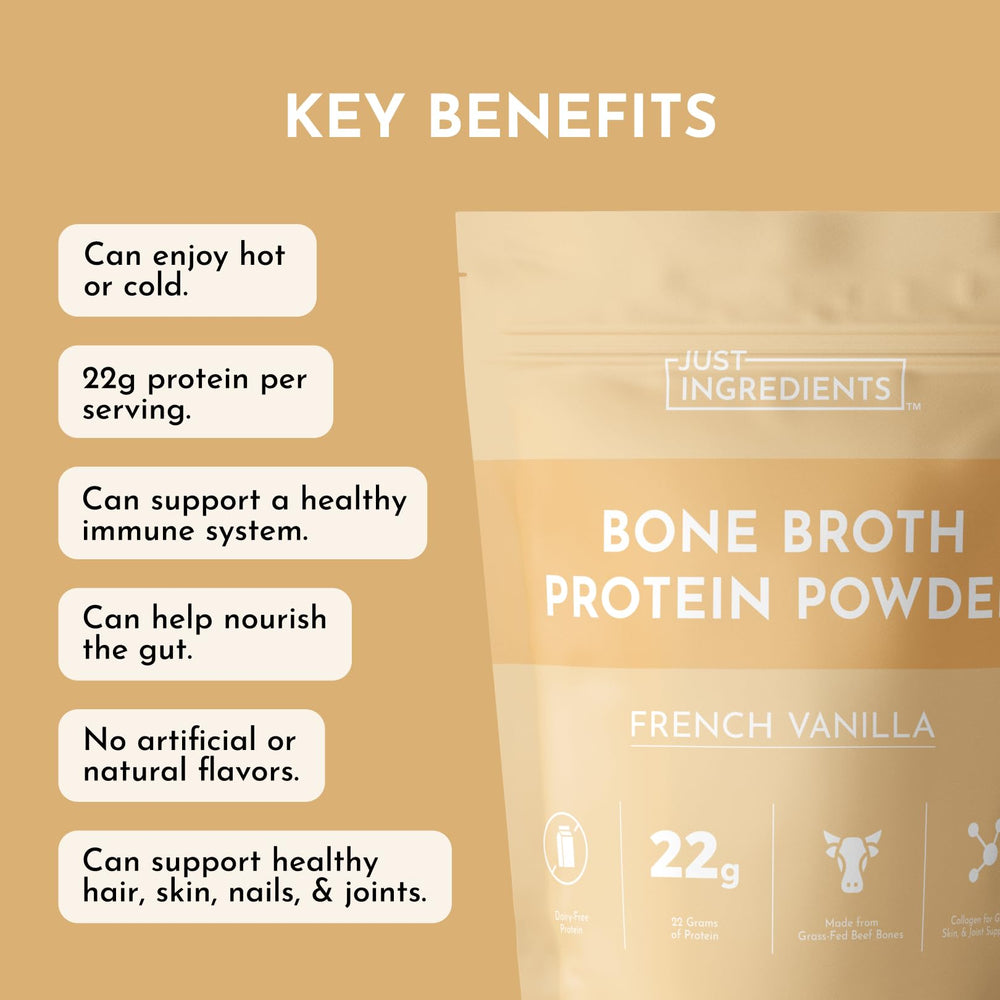 Just Ingredients bone broth protein powder vanilla with coffee for easy morning energy.