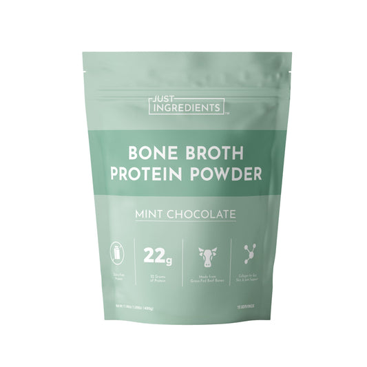 Just Ingredients mint chocolate bone broth protein powder tin for daily shakes