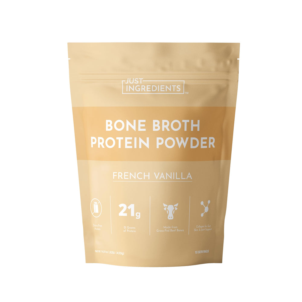 Just Ingredients bone broth protein powder vanilla tub showcases real-food ingredients for daily nourishment.