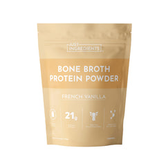 Just Ingredients bone broth protein powder vanilla tub showcases real-food ingredients for daily nourishment.