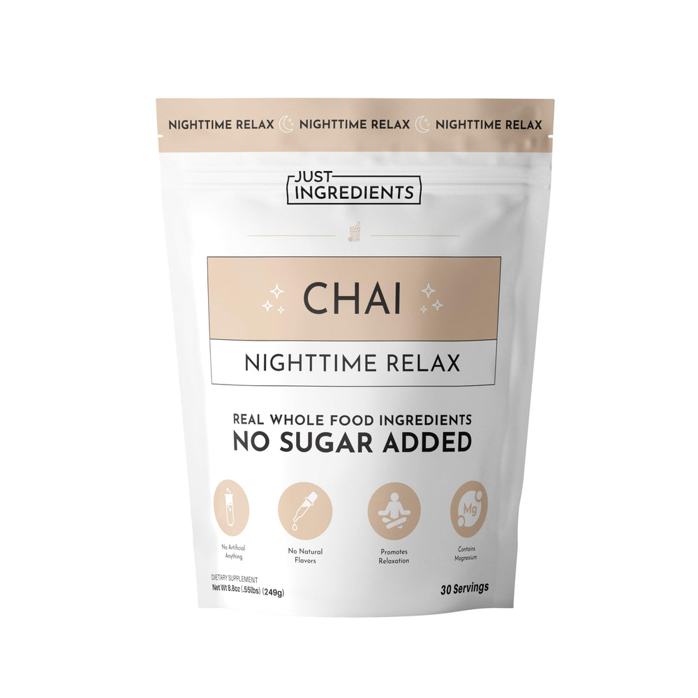 JUST INGREDIENTS Chai Nighttime Relax bottle highlights calming ingredients for evening unwind.