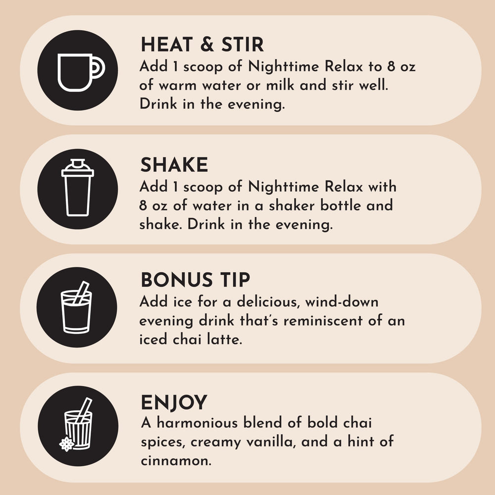 JUST INGREDIENTS Chai Nighttime Relax magnesium bisglycinate illustration emphasizes muscle calm.