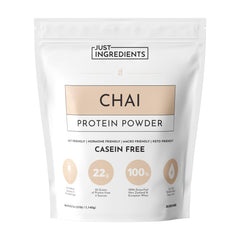 Just Ingredients Chai Protein Powder tub front highlights clean protein for workouts