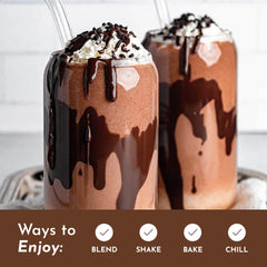 Glass of Just Ingredients chocolate protein shake fuels daytime activity.