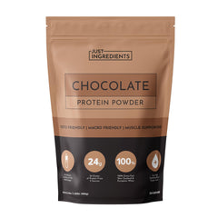 Just Ingredients Chocolate Protein Powder tub with rich cocoa supports lean muscle recovery.