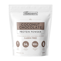 JUST INGREDIENTS Coconut Chocolate Protein Powder tub for easy post-workout energy.