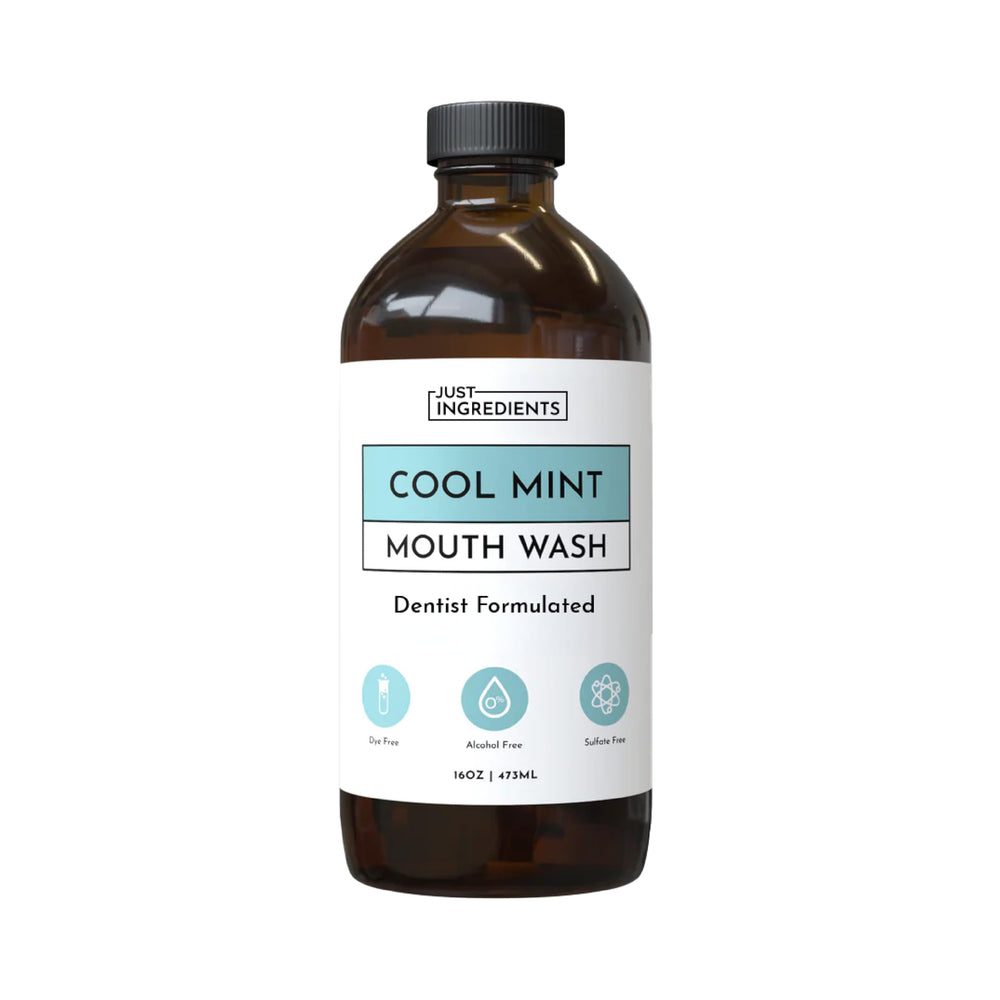Just Ingredients Cool Mint Mouthwash bottle front showing the minty formula for daily use.
