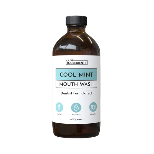 Just Ingredients Cool Mint Mouthwash bottle front showing the minty formula for daily use.