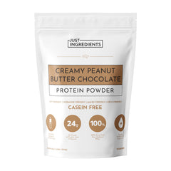 Just Ingredients creamy peanut butter chocolate protein powder tub for smooth shakes and daily protein