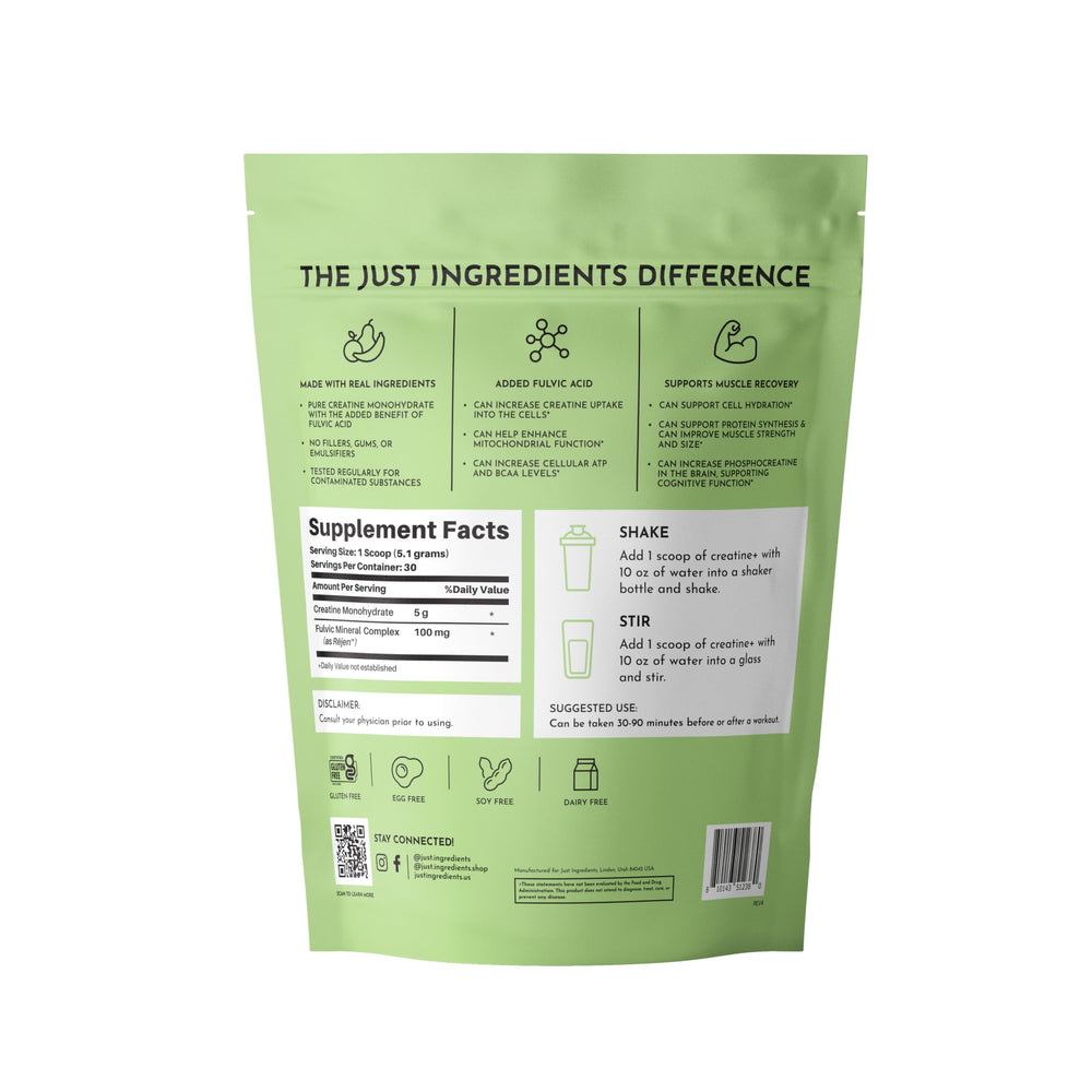 Just Ingredients creatine monohydrate powder mixing in glass shows easy solubility for workouts.